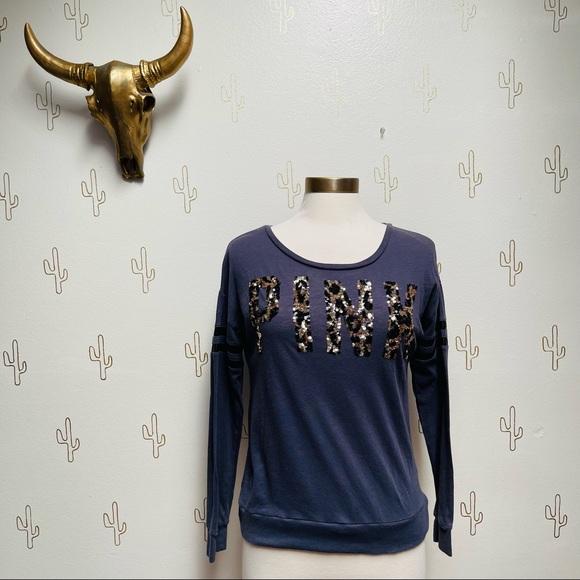 Victoria's Secret PINK Long Sleeve V Neck Pullover Sequin Cheetah Logo Size XS - Picture 1 of 6